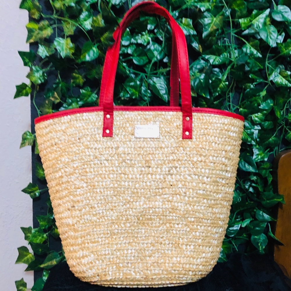 Laura Geller Straw Handbag with Red Accent Trim